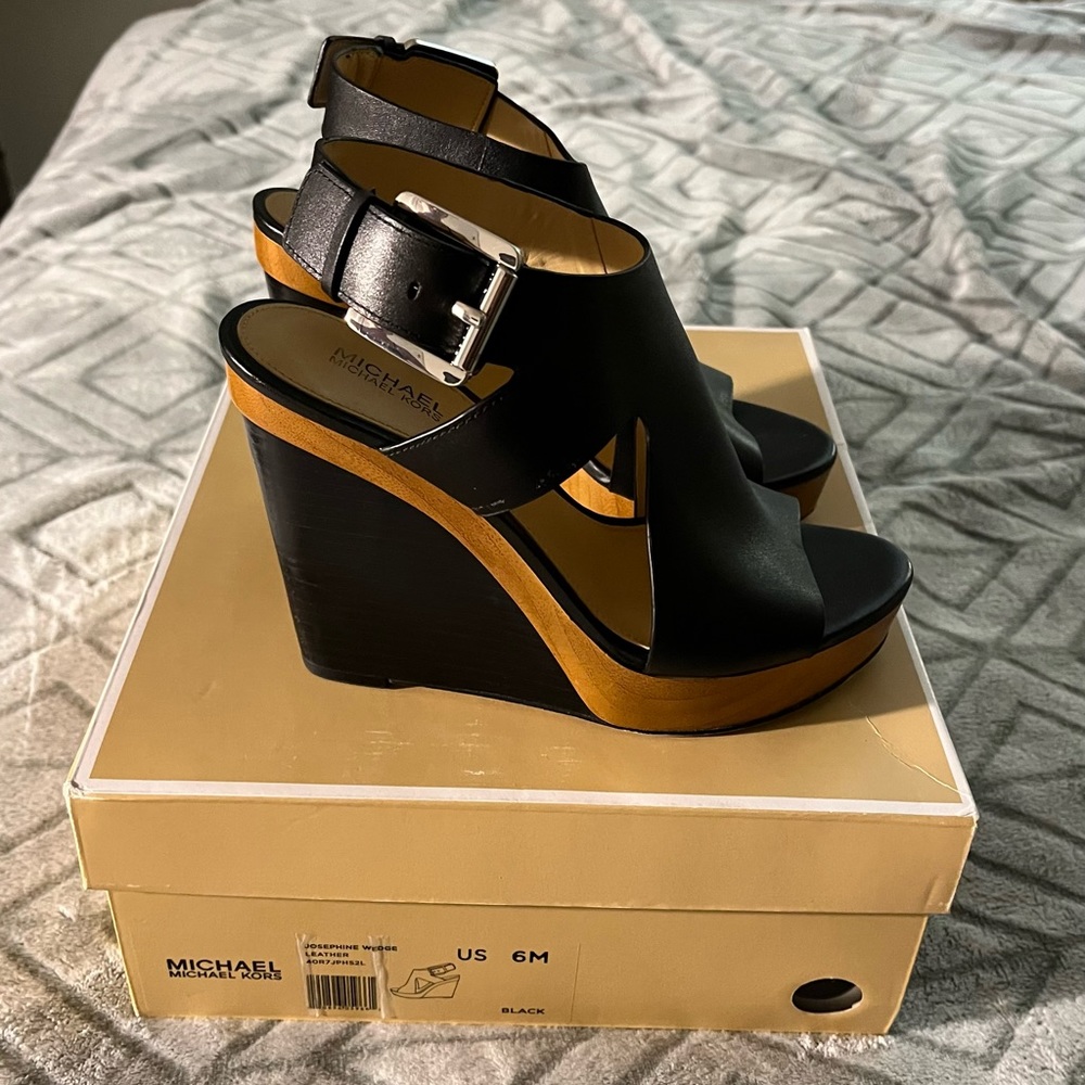 Michael Kors black leather wedge - size 6